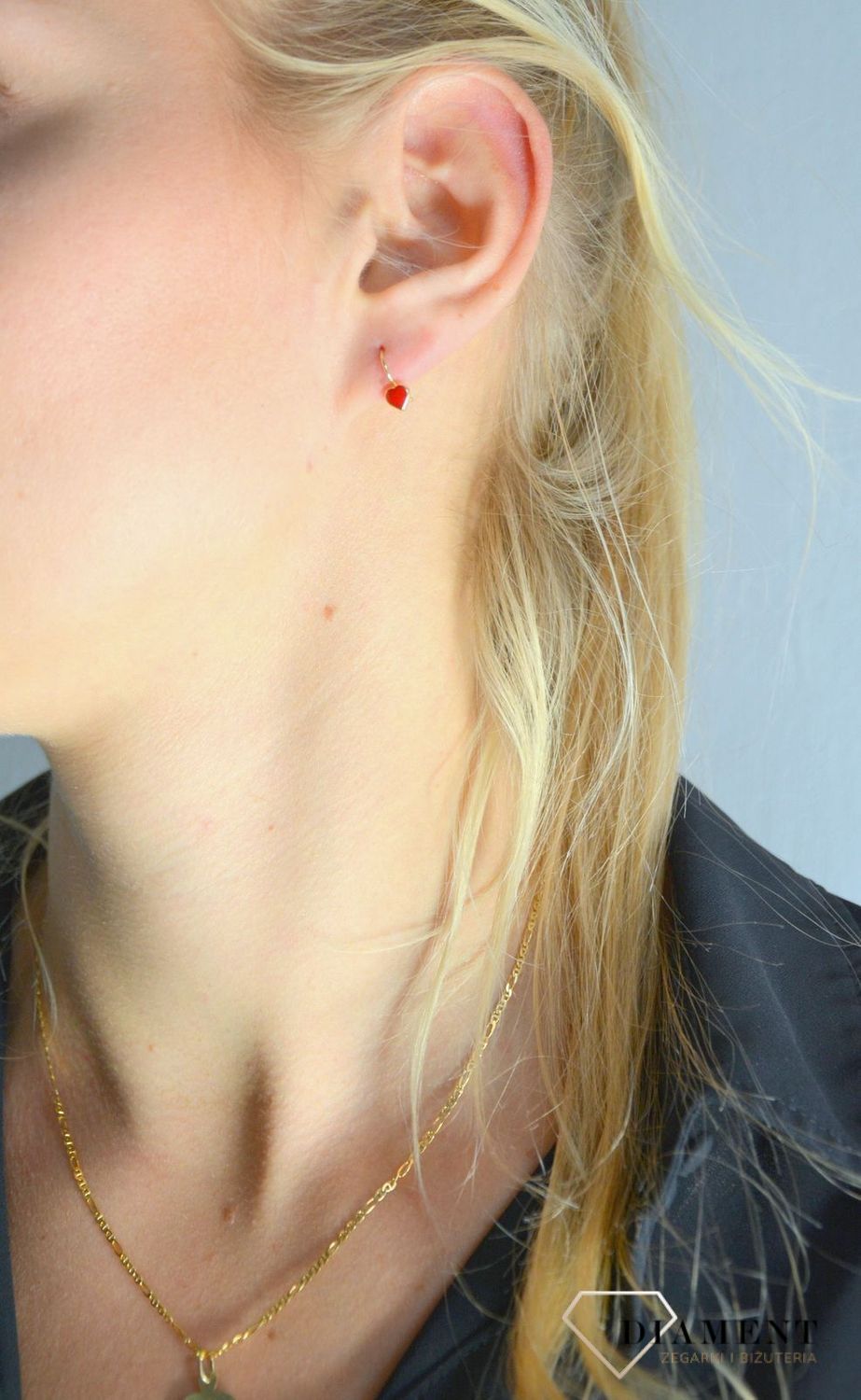 Złote kolczyki dla dziewczynki czerwone serduszko z emalii KL 3596A.jpg